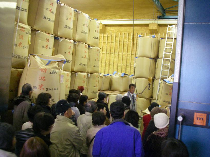 低温倉庫には、約1.1トンの玄米が入った袋（フレキシブルコンテナバッグ）が倉庫いっぱいに積み上がっていました。