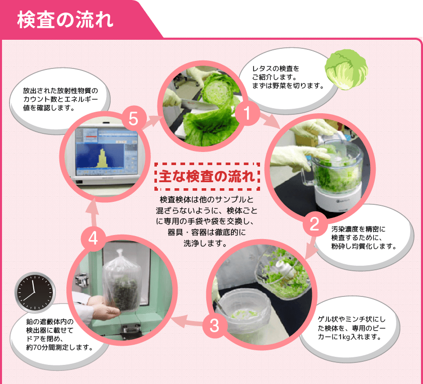 検査の流れ 検査検体は他のサンプルと混ざらないように、検体ごとに専用の手袋や袋を交換し,器具・容器は徹底的に洗浄します。