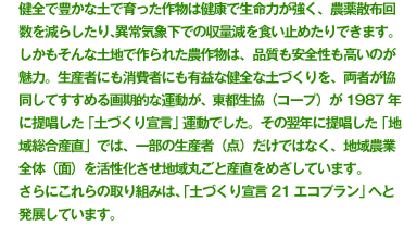 健全で豊かな土で育った作物は健康で生命力が強く、農薬散布回数を減らしたり、異常気象下での収量減を食い止めたりできます。しかもそんな土地で作られた農作物は、品質も安全性も高いのが魅力。生産者にも消費者にも有益な健全な土づくりを、両者が協同してすすめる画期的な運動が、東都生協(コープ)が1987年に提唱した「土づくり宣言」運動でした。その翌年に提唱した「地域総合産直」では、一部の生産者(点)だけではなく、地域農業全体(面)を活性化させ地域丸ごと産直をめざしています。さらにこれらの取り組みは、「土づくり宣言21エコプラン」へと発展しています。