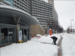 大雪の朝、会場前で雪かき。ほんとうにすごい雪でした。（小平会場前）