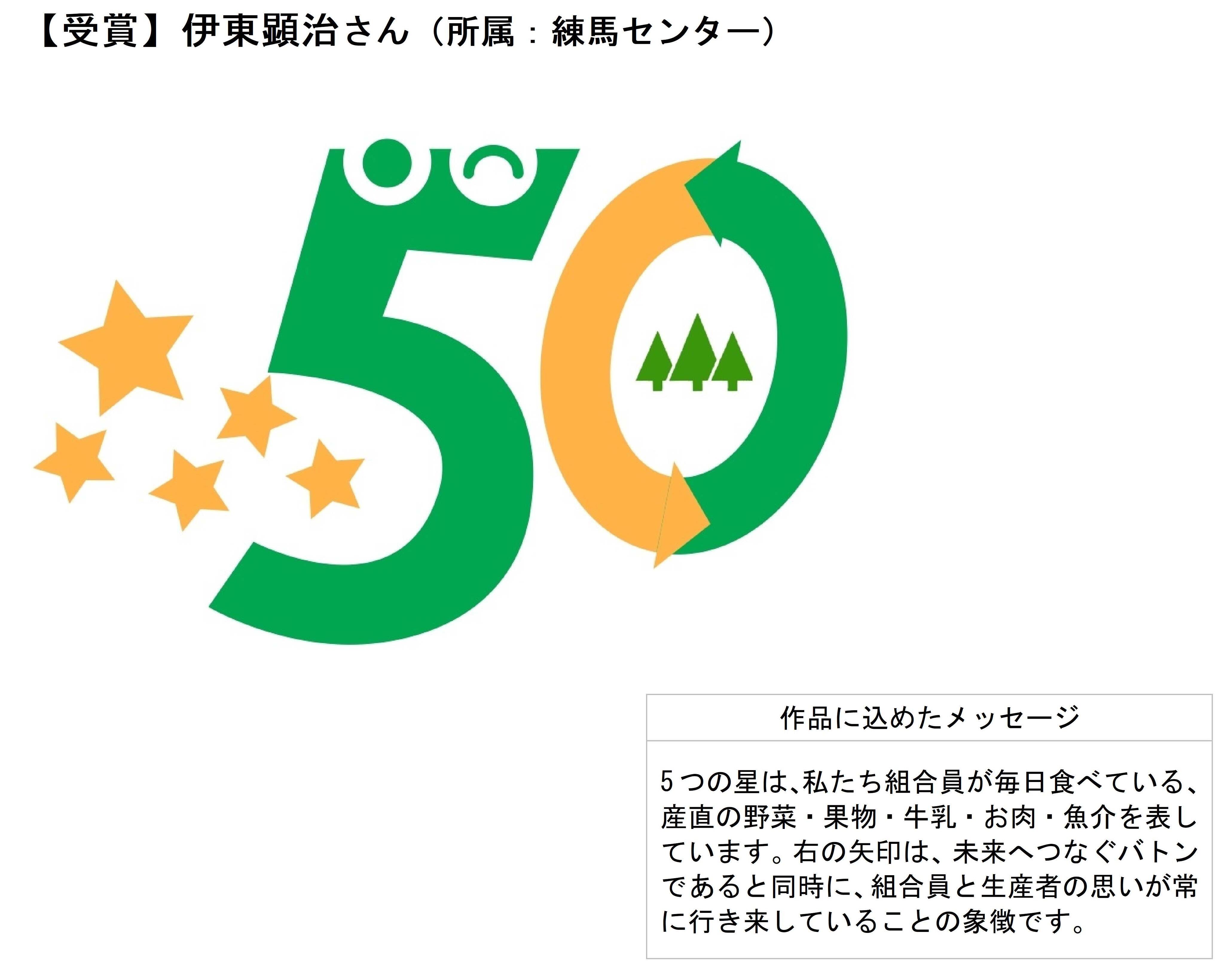 最優秀賞受賞：伊東顕治さん（所属：練馬センター）作品に込めたメッセージ：5つの星は、私たち組合員が毎日食べている、産直の野菜・果物・牛乳・お肉・魚介を表しています。右の矢印は、未来へつなぐバトンであると同時に、組合員と生産者の思いが常に行き来していることの象徴です。