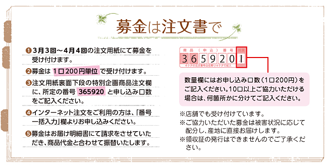 募金は注文書で
1. 3月3回~4月4回の注文用紙にて募金を受け付けます。
2. 募金は1口200円単位で受け付けます。
3. 注文用紙裏面下段の特別企画商品注文欄に、所定の番号 365920 と申し込み口数をご記入ください。数量欄にはお申し込み口数(1口200円)をご記入ください。10口以上ご協力いただける場合は、何箇所かに分けてご記入ください。
4. インターネット注文をご利用の方は、「番号一括入力」欄よりお申し込みください。
5. 募金はお届け明細書にて請求をさせていただき、商品代金と合わせて振替いたします。
※店舗でも受け付けています。
※ご協力いただいた募金は被害状況に応じて配分し、産地に直接お届けします。
※領収証の発行はできませんのでご了承ください。