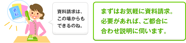まずはお気軽に資料請求。ご都合に合わせ説明にも伺います。