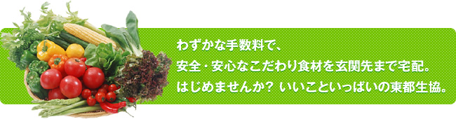 わずかな手数料で、安全・安心なこだわり食材を玄関先まで宅配。 はじめませんか? いいこといっぱいの東都生協。