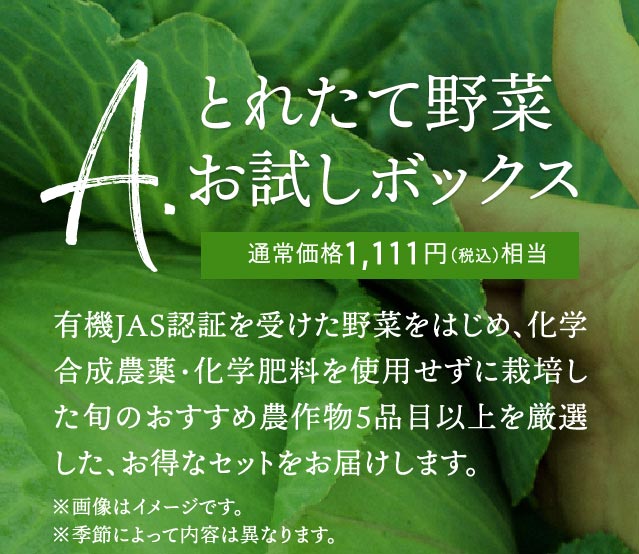 A.とれたて野菜お試しボックス:有機JAS認証を受けた野菜をはじめ、化学合成農薬・化学肥料を使用せずに栽培した旬のおすすめ農作物5品目以上を厳選したお得なセットをお届けします。